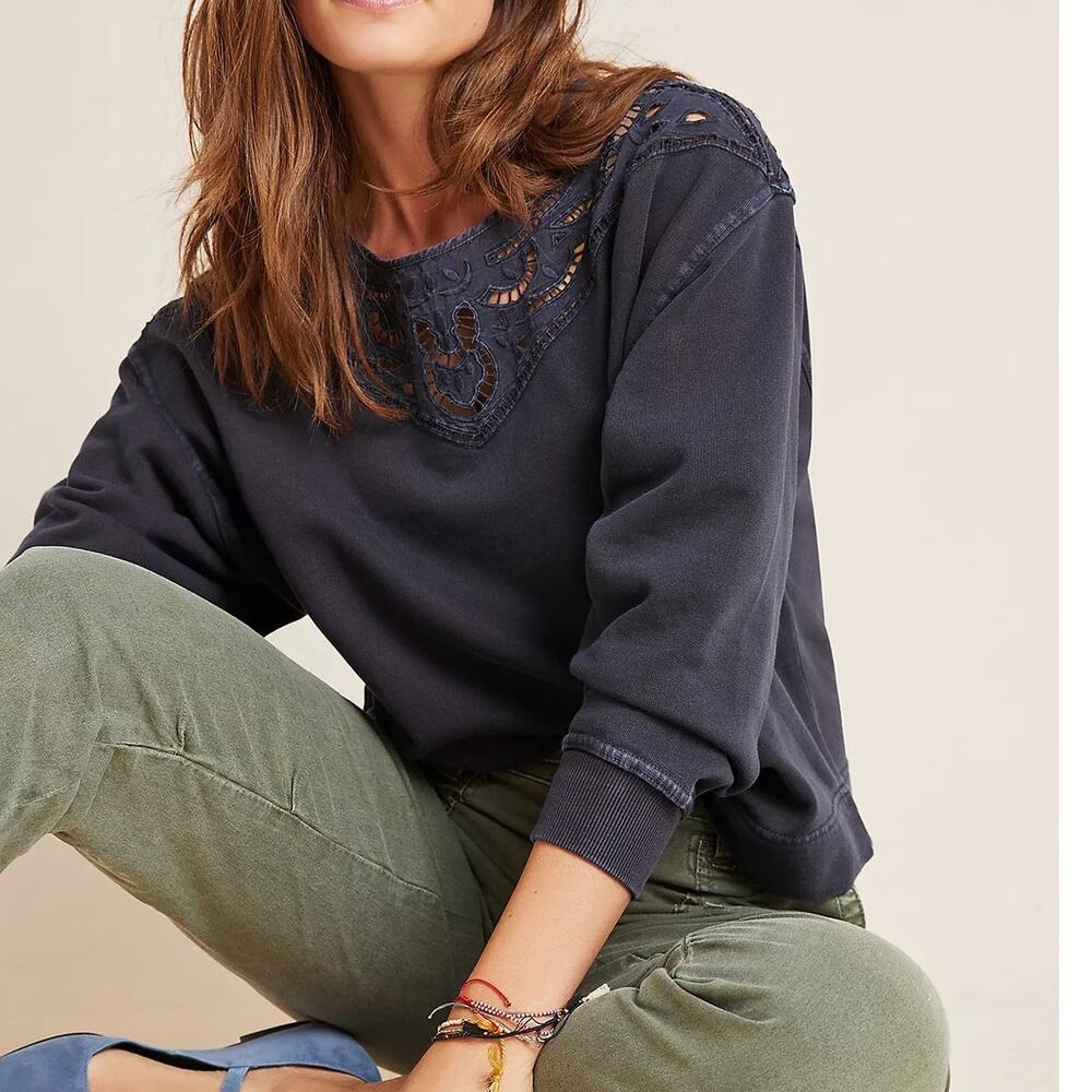L  Anthropologie Fabienne Eyelet Sweatshirt Long Sleeve Pullover Sweater Blue